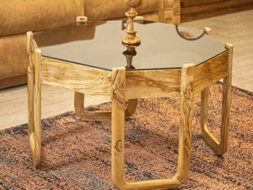 Natural olive wood center table with glass