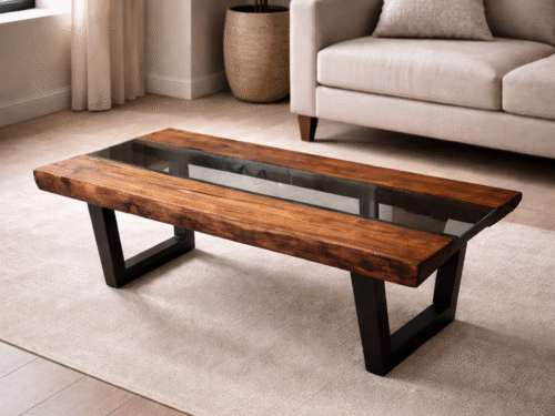 Industrial Live-Edge Beech Wood & Glass Coffee Table
