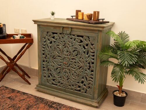 Natural wood buffet with handmade carving