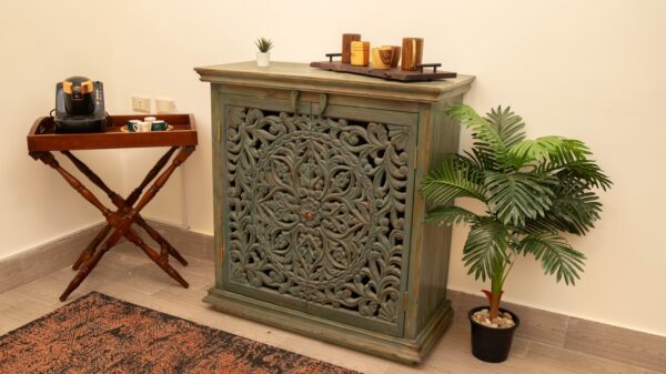 Natural wood buffet with handmade carving