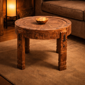 Hand-Carved Round Pine Wood Coffee Table