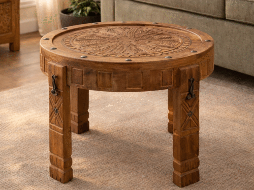 Hand-Carved Round Pine Wood Coffee Table