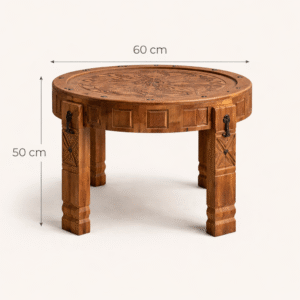 Hand-Carved Round Pine Wood Coffee Table