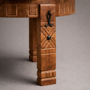 Hand-Carved Round Pine Wood Coffee Table