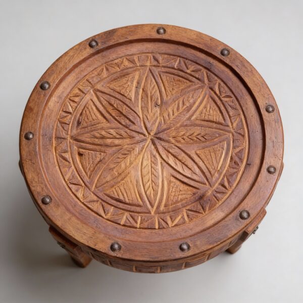 Hand-Carved Round Pine Wood Coffee Table