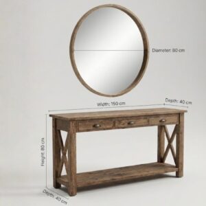 Pine Wood Console Table with Round Mirror