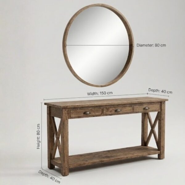 Pine Wood Console Table with Round Mirror