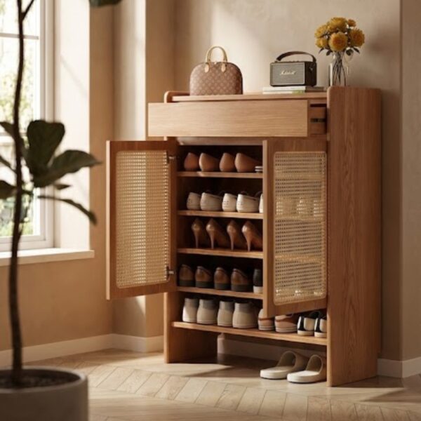 Rattan & Counter wood Shoe Storage Unit