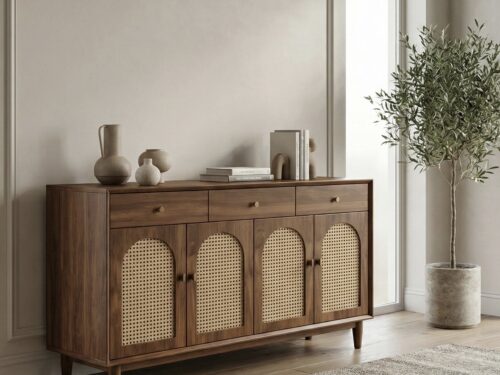 Handcrafted Cane Wood Storage Cabinet