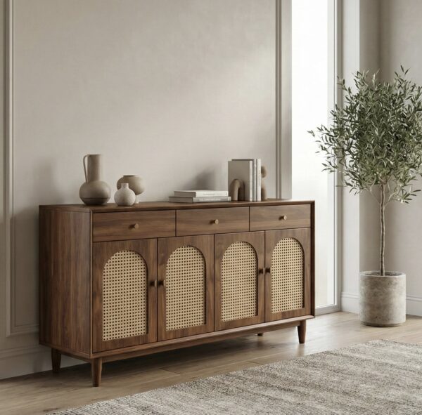 Handcrafted Cane Wood Storage Cabinet