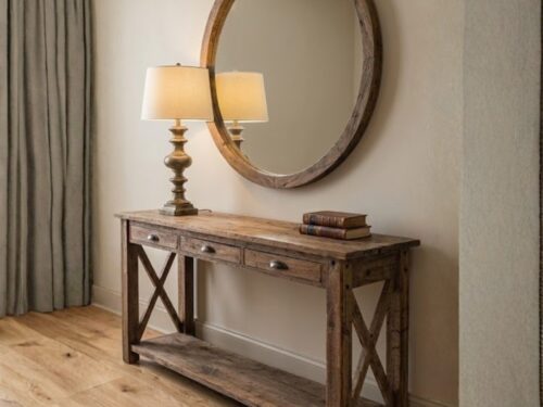 Pine Wood Console Table with Round Mirror
