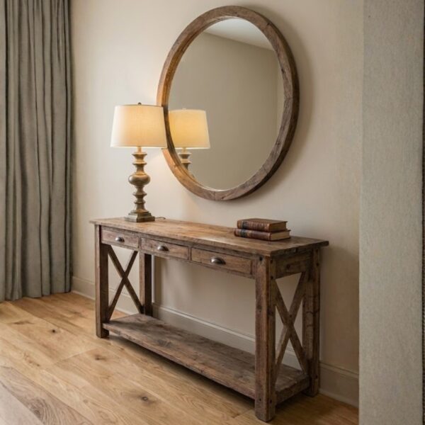 Pine Wood Console Table with Round Mirror