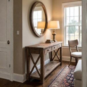 Pine Wood Console Table with Round Mirror