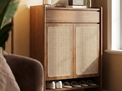 Rattan & Counter wood Shoe Storage Unit