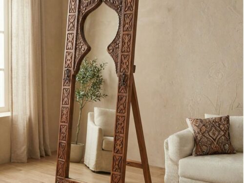 Hand-Carved Pine Standing Mirror