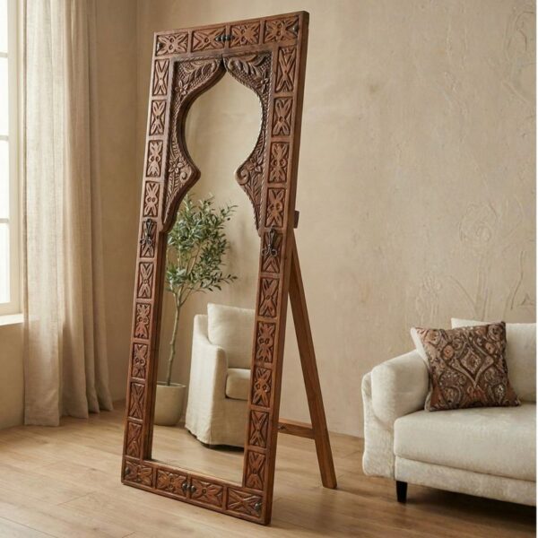 Hand-Carved Pine Standing Mirror