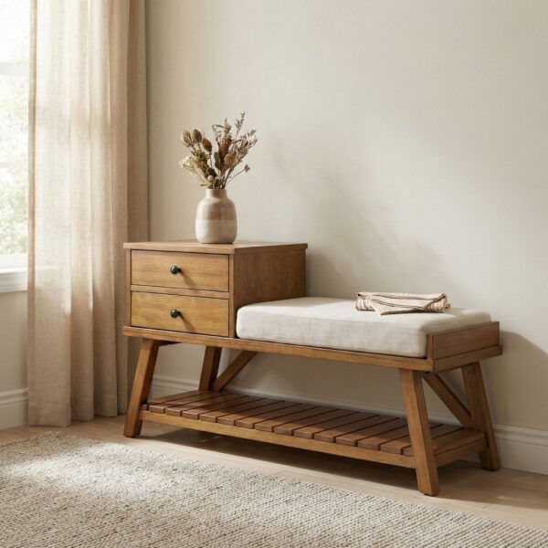 bench_0 Solid wood storage bench with drawers and cushioned seat, crafted from natural wood and organic materials.