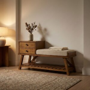 bench_01 (1) Solid wood storage bench with drawers and cushioned seat, crafted from natural wood and organic materials.