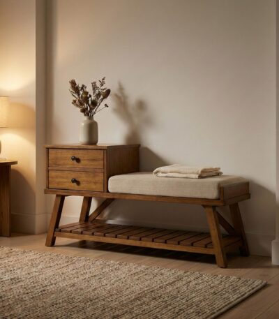 Solid wood storage bench with drawers and cushioned seat, crafted from natural wood and organic materials.
