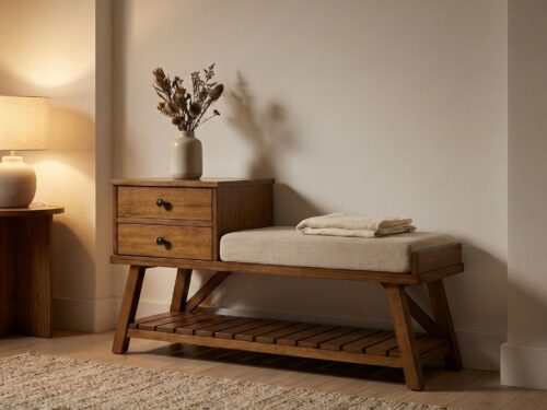 Solid wood storage bench with drawers and cushioned seat, crafted from natural wood and organic materials.