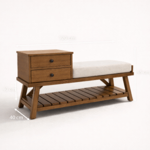bench_03 Solid wood storage bench with drawers and cushioned seat, crafted from natural wood and organic materials.