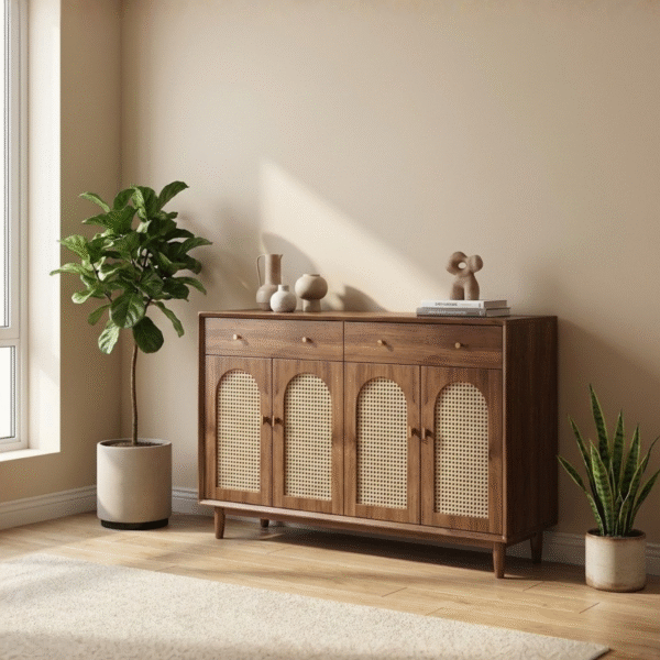 Handcrafted Cane Wood Storage Cabinet