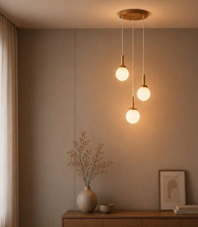 Modern wooden pendant light featuring three hanging glass bulbs