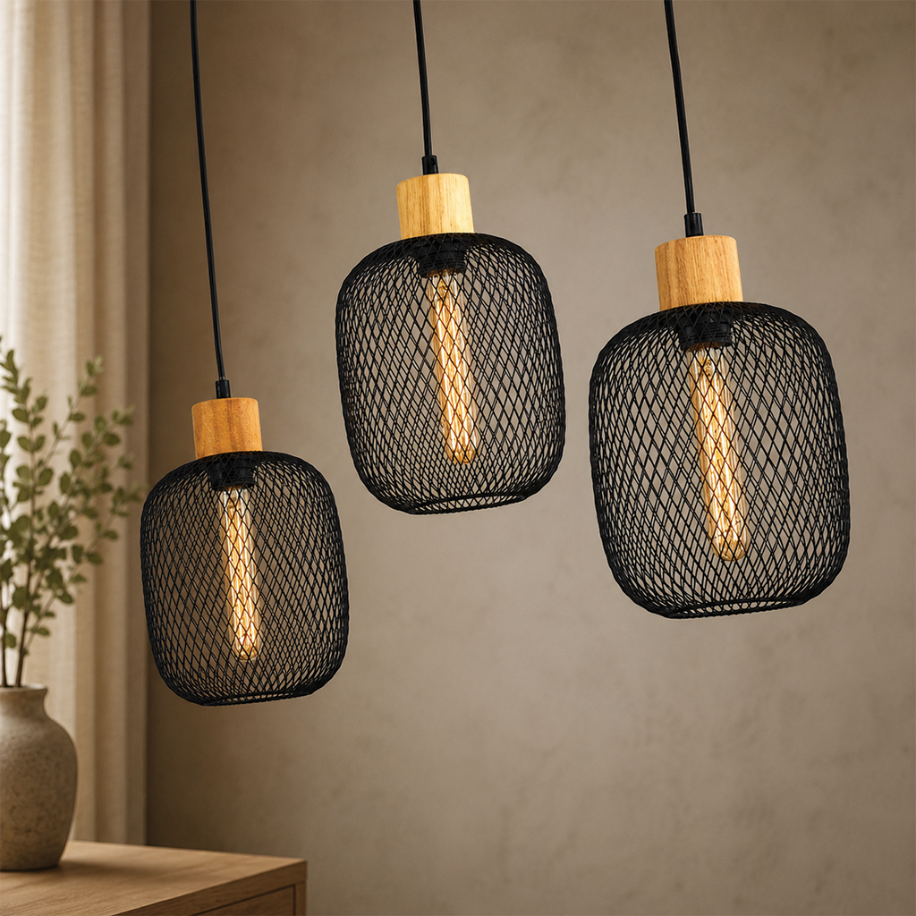 38 Rustic Industrial Three-Light Pendant with Wood Accents - Image 1