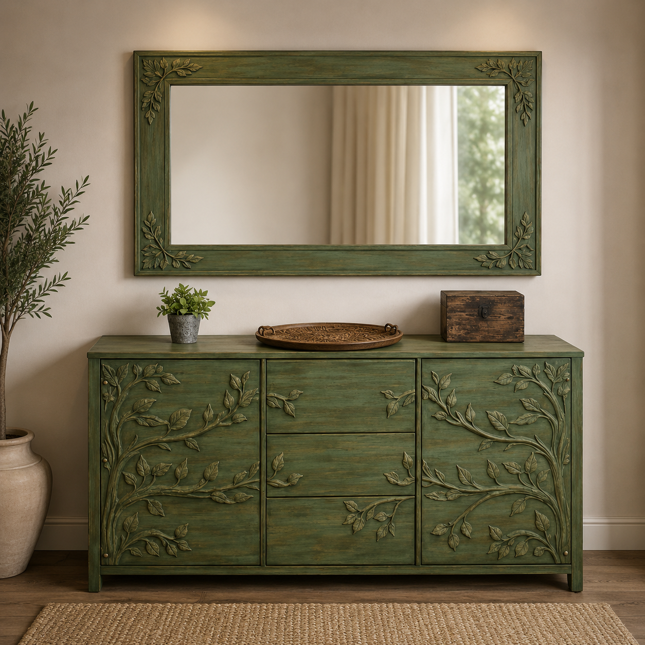 ChatGPT Image Jul 22, 2026, 01_43_38 PM Botanical Carved Buffet & Mirror Set - Image 1