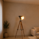 Wooden Tripod Floor Lamp with Rustic Spotlight Design