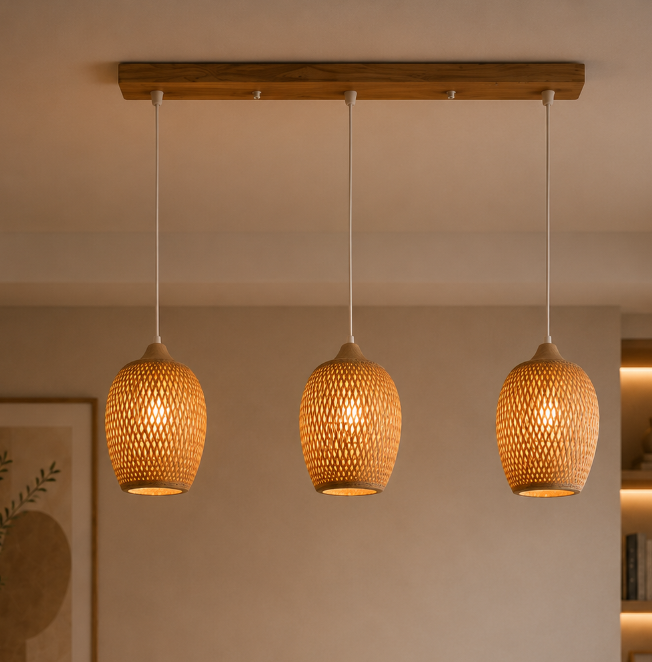Screenshot 2026-07-13 142111 Rustic Triple Pendant Light with Woven Shades - Image 1