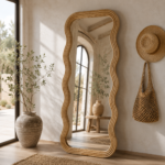 Full-Length Wavy Rattan-Wrapped Floor Mirror