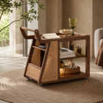 Wooden Rattan Kitchen Cart on Wheels