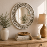 Round Carved Wooden Accent Wall Mirror