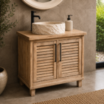 Single Louvered-Door Wooden Bathroom Vanity with Stone Basin