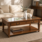 Traditional Wooden Coffee Table with Glass Top & Storage Shelf