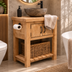 Compact Wooden Bathroom Vanity with Cabinet & Open Shelf