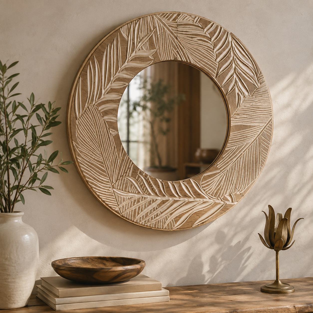 97d25d2d-311f-4353-bb0b-3c3dcd5dcd3b Round Tropical Leaf-Carved Wooden Wall Mirror - Image 1