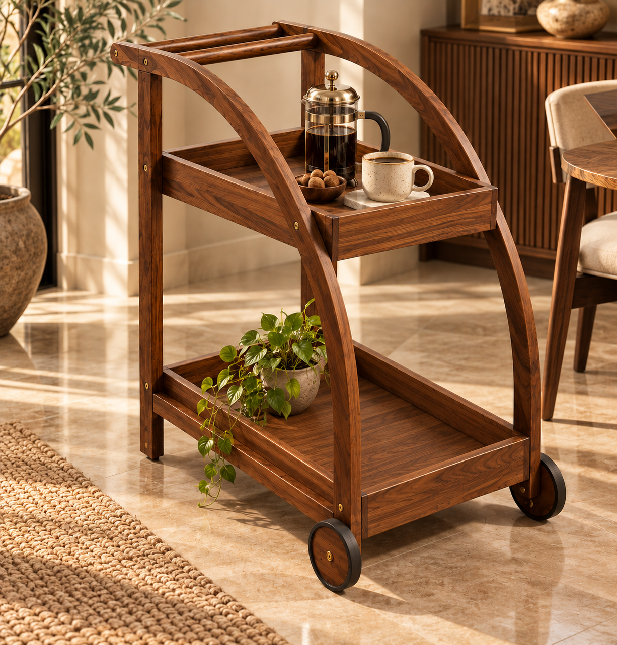 Sunlit Walnut Tea Trolley with Coffee and Plants Walnut Brown Wooden Serving Trolley - Image 1