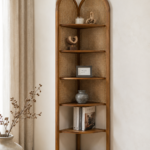 Modern Teak Wood & Rattan Corner Display Shelf