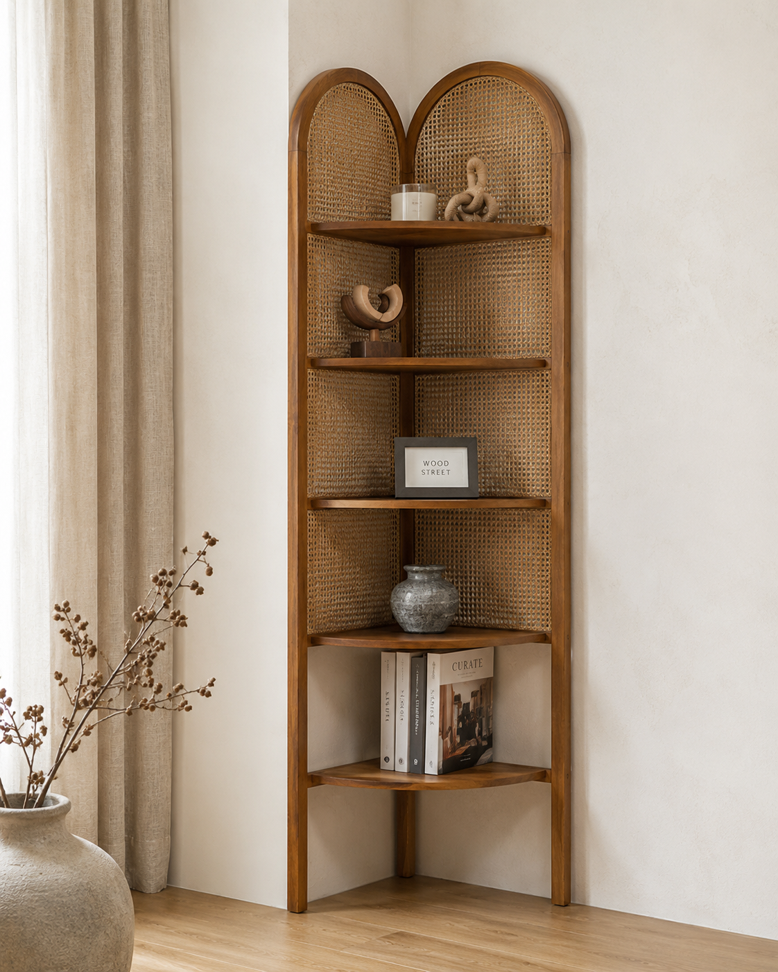 c8073af8-b15b-438c-9b72-6ea708630bc4 Modern Teak Wood & Rattan Corner Display Shelf - Image 1