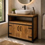 Industrial Wooden Bathroom Vanity with Closed Storage & Open Shelf