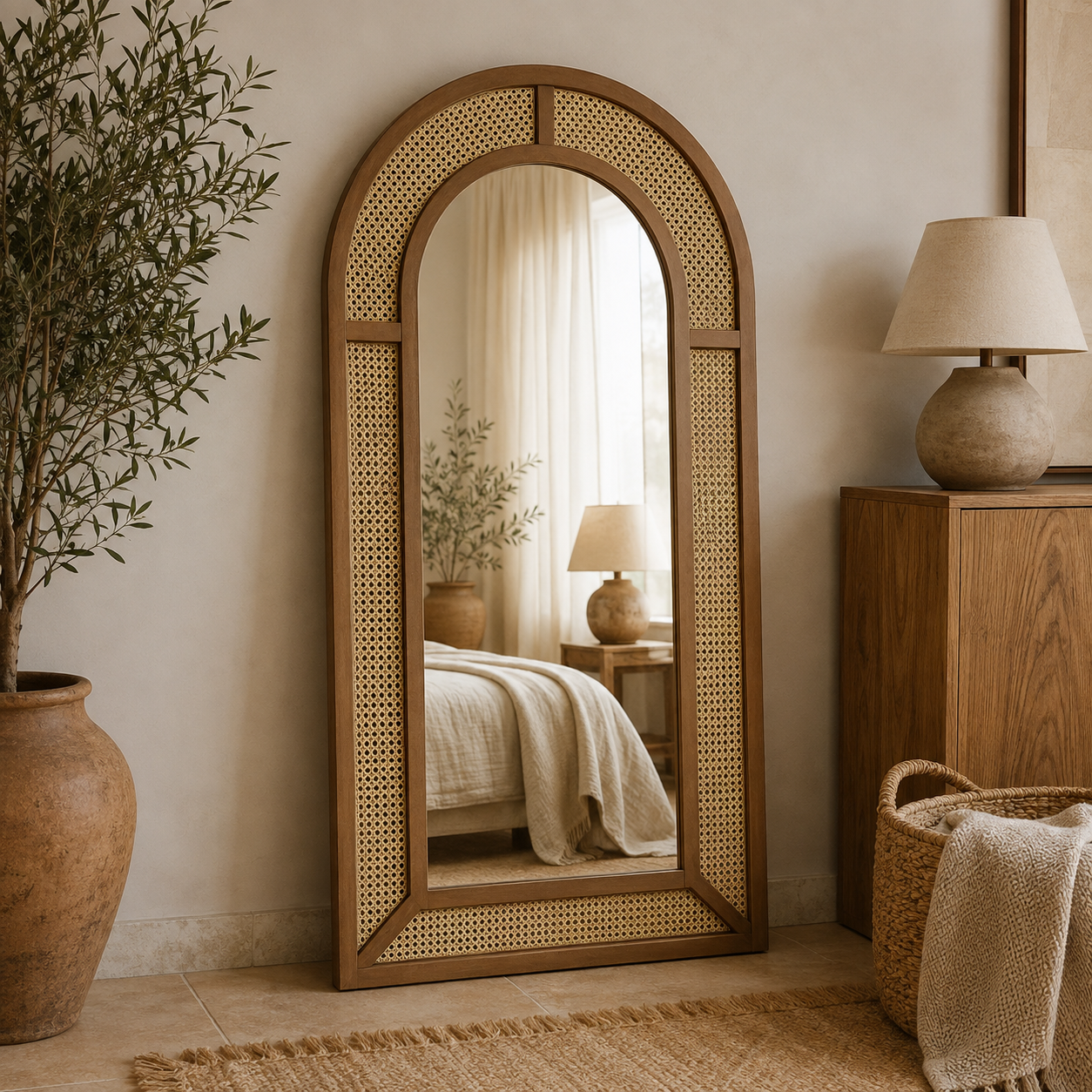 e96fa202-e943-4019-813f-9983d6643675 Arched Wooden Floor Mirror with Woven Rattan Trim - Image 1