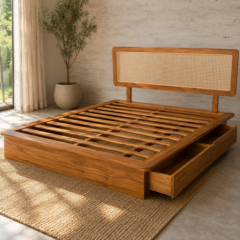 Rattan Headboard Wooden Storage Platform Bed