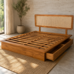 Rattan Headboard Wooden Storage Platform Bed