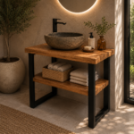 Industrial Live-Edge Wooden Bathroom Vanity with Open Shelf