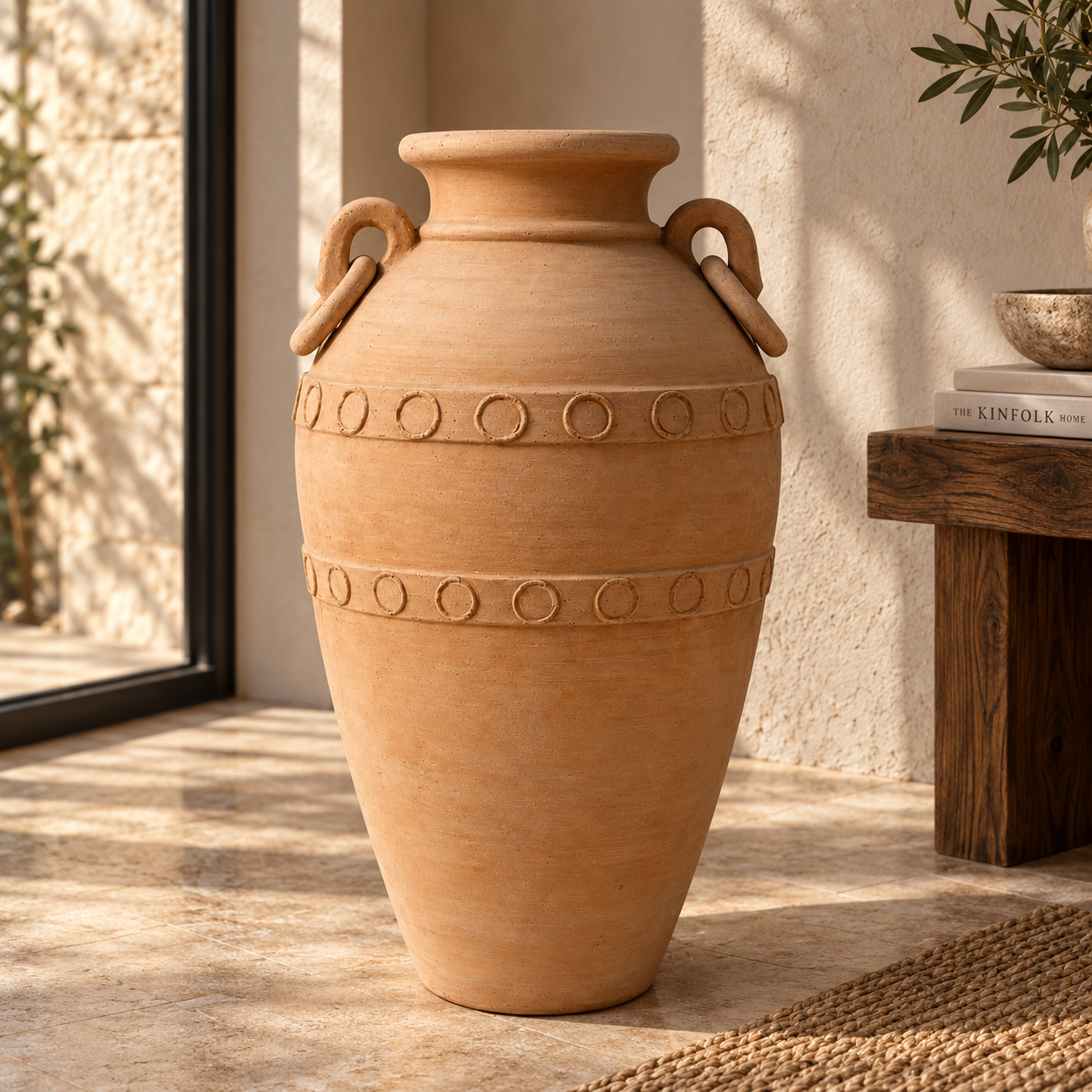 6200bbe3-1275-4275-b5eb-893bb38162cd (1) Embossed Ring-Handle Terracotta Amphora Vase - Image 1