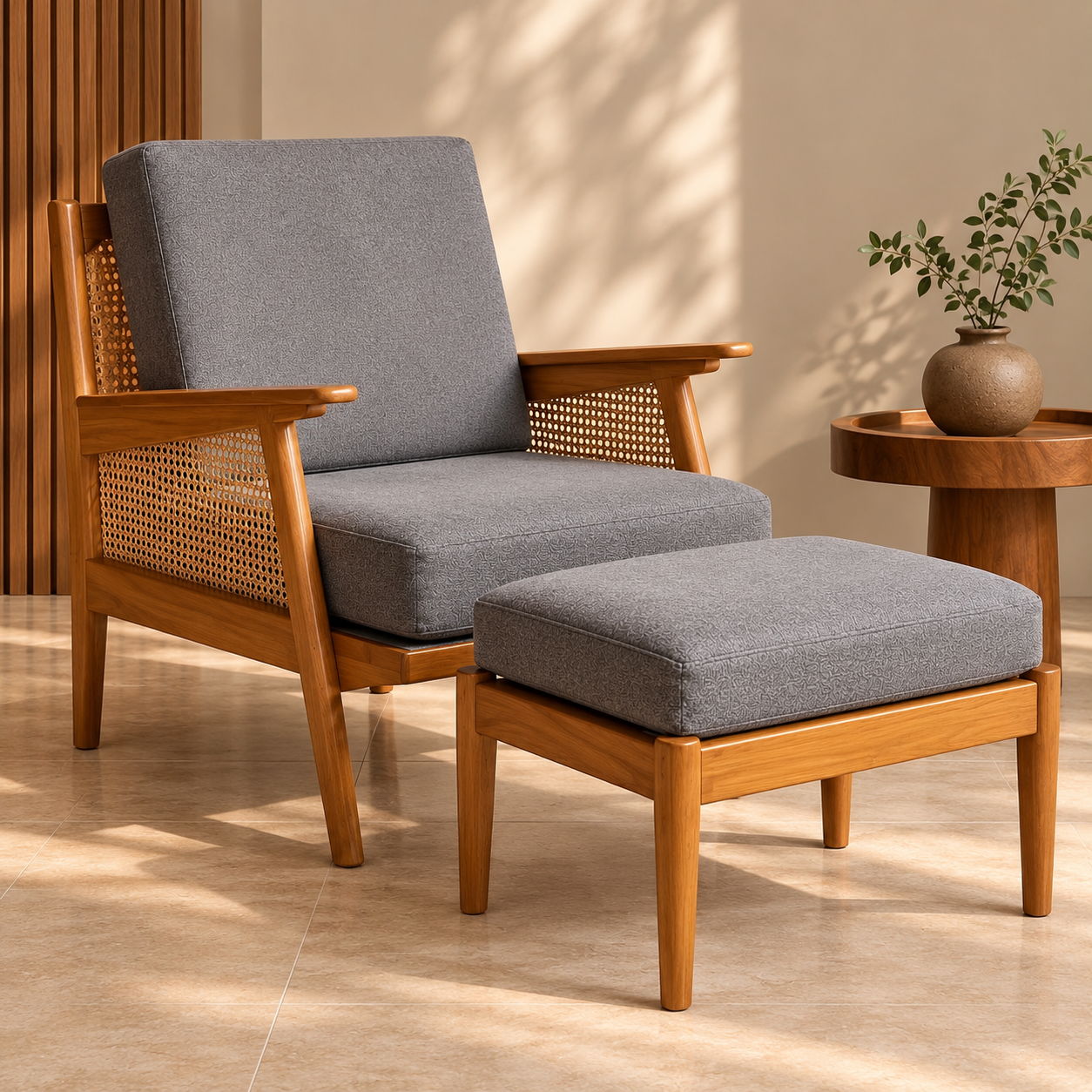 Mid-Century Cane Armchair Vignette Beech Wood Cane Armchair with Ottoman | Wood Street - Image 1