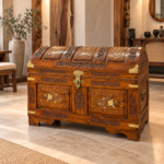 Asian Antique Teak Wood Chest with Hand-Carved Details & Brass Inlay