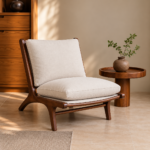 Beech Wood Lounge Chair with Beige Upholstery
